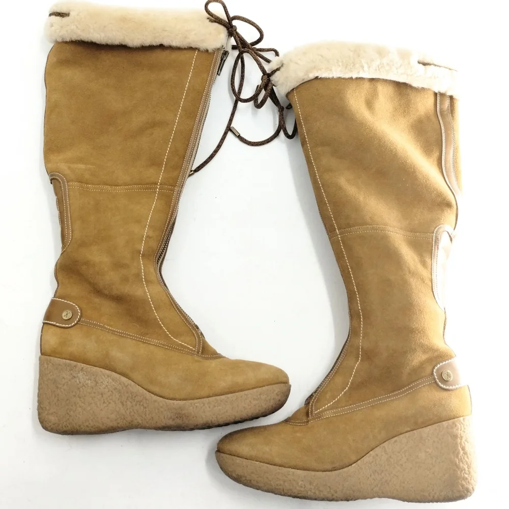 Cole‎ Haan Tall Boots Suede Sheep Shearling Zip Front - Picture 16 of 16